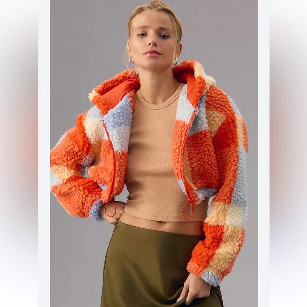 Anthropologie daily practice Color Patchwork crop Sherpa Hoodie S faux shearling